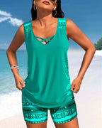 Women’s Cross-Neck Tankini Set Comfortable Fast-Drying Swimwear Top with Full Coverage