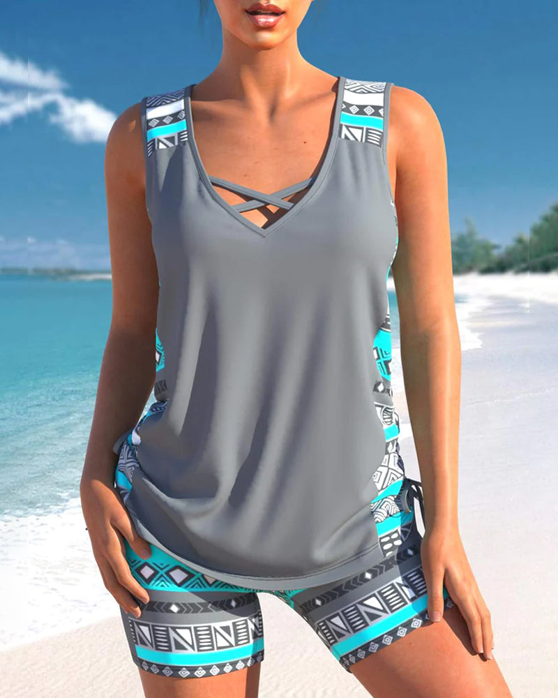 Women’s Cross-Neck Tankini Set Comfortable Fast-Drying Swimwear Top with Full Coverage