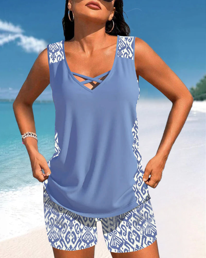 Women’s Cross-Neck Tankini Set Comfortable Fast-Drying Swimwear Top with Full Coverage