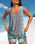 Women’s Cross-Neck Tankini Set Comfortable Fast-Drying Swimwear Top with Full Coverage