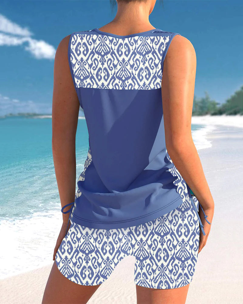 Women’s Cross-Neck Tankini Set Comfortable Fast-Drying Swimwear Top with Full Coverage