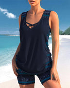 Women’s Cross-Neck Tankini Set Comfortable Fast-Drying Swimwear Top with Full Coverage