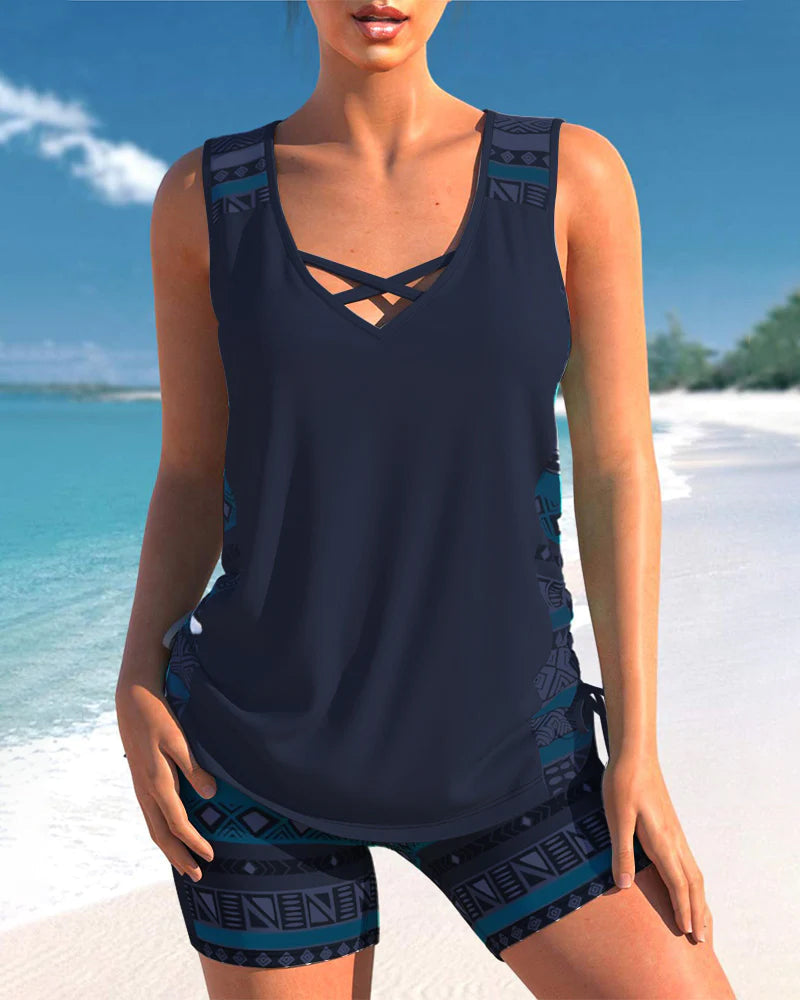 Women’s Cross-Neck Tankini Set Comfortable Fast-Drying Swimwear Top with Full Coverage