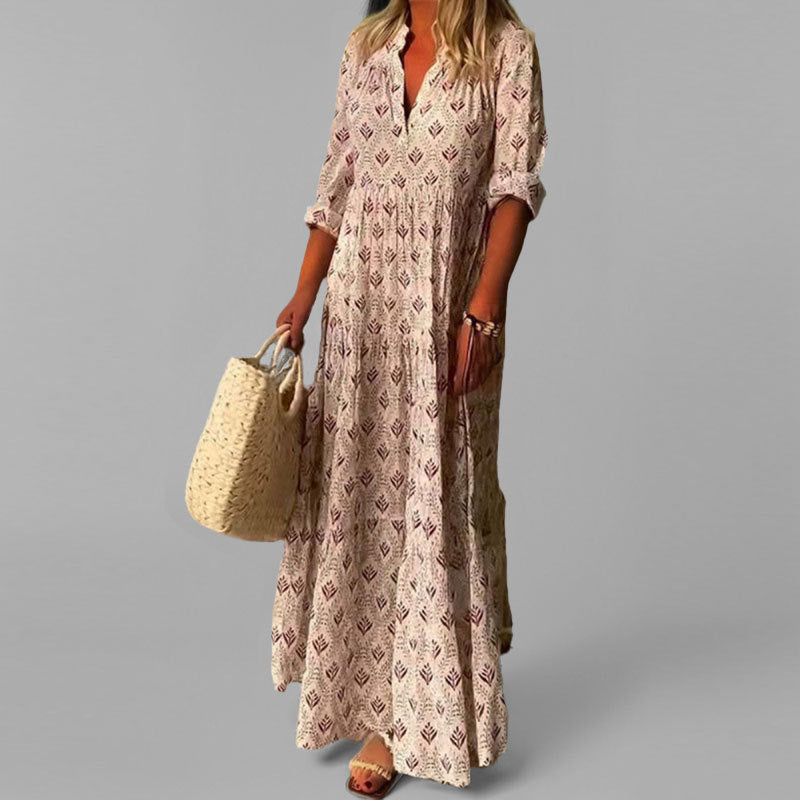 Women's Tiered Maxi Dress with V-Neck Long Sleeves Lightweight Flowing Skirt