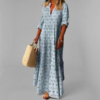 Women's Tiered Maxi Dress with V-Neck Long Sleeves Lightweight Flowing Skirt