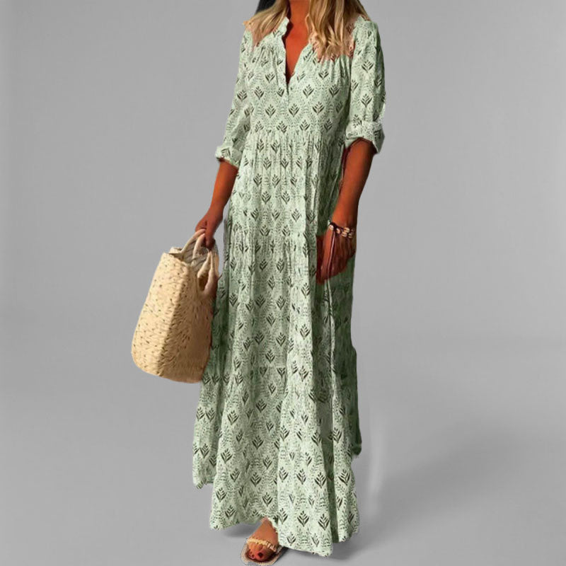 Women's Tiered Maxi Dress with V-Neck Long Sleeves Lightweight Flowing Skirt
