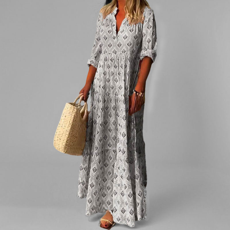 Women's Tiered Maxi Dress with V-Neck Long Sleeves Lightweight Flowing Skirt