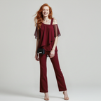 Women’s Two-Piece Set Cold Shoulder Blouse and Flowing Chiffon Pants Elegant Chic Outfit