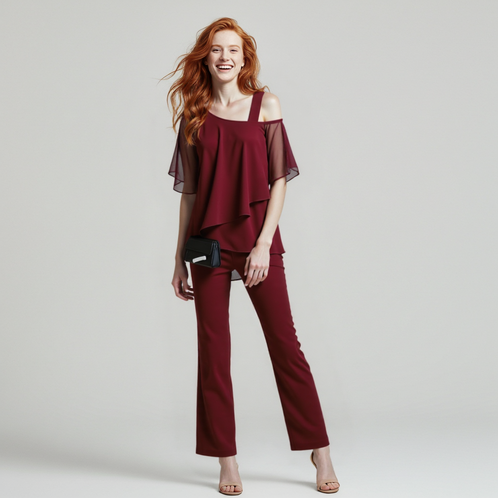 Women’s Two-Piece Set Cold Shoulder Blouse and Flowing Chiffon Pants Elegant Chic Outfit