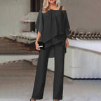Women’s Two-Piece Set Cold Shoulder Blouse and Flowing Chiffon Pants Elegant Chic Outfit