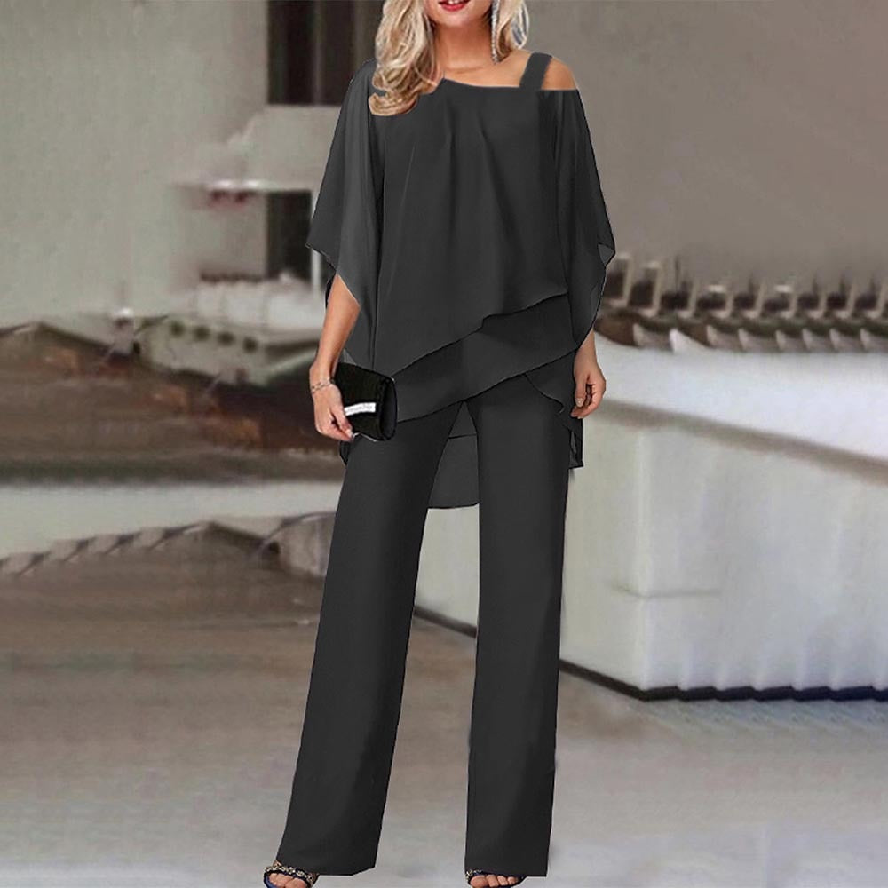 Women’s Two-Piece Set Cold Shoulder Blouse and Flowing Chiffon Pants Elegant Chic Outfit