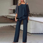 Women’s Two-Piece Set Cold Shoulder Blouse and Flowing Chiffon Pants Elegant Chic Outfit