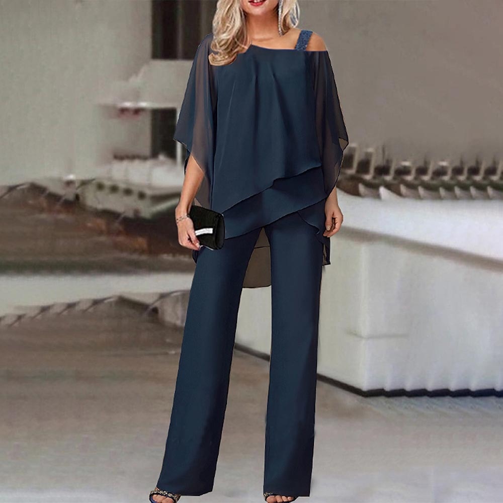Women’s Two-Piece Set Cold Shoulder Blouse and Flowing Chiffon Pants Elegant Chic Outfit
