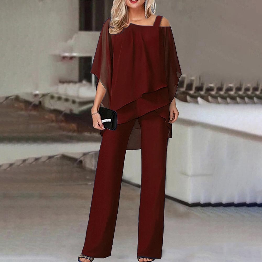 Women’s Two-Piece Set Cold Shoulder Blouse and Flowing Chiffon Pants Elegant Chic Outfit