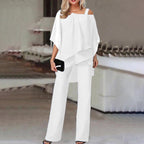 Women’s Two-Piece Set Cold Shoulder Blouse and Flowing Chiffon Pants Elegant Chic Outfit