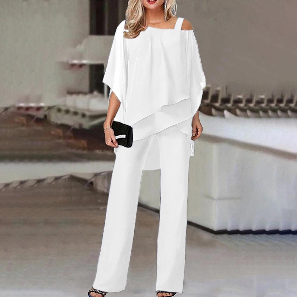 Women’s Two-Piece Set Cold Shoulder Blouse and Flowing Chiffon Pants Elegant Chic Outfit