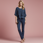 Women’s Two-Piece Set Cold Shoulder Blouse and Flowing Chiffon Pants Elegant Chic Outfit