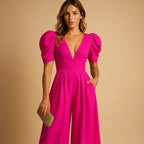 Women’s Elegant Puff Sleeve Wide Leg Jumpsuit Formal Evening Wear Comfortable Fit