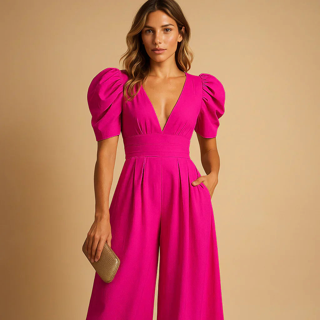 Women’s Elegant Puff Sleeve Wide Leg Jumpsuit Formal Evening Wear Comfortable Fit