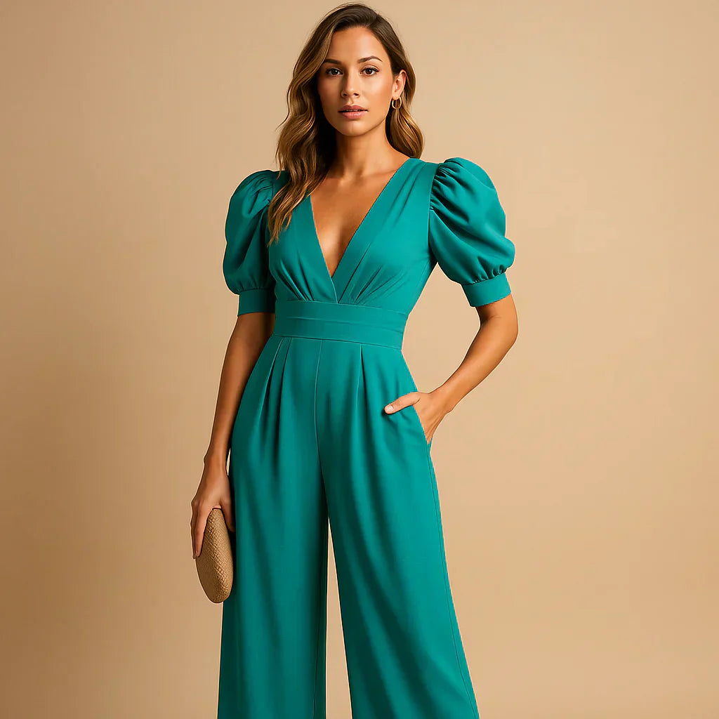 Women’s Elegant Puff Sleeve Wide Leg Jumpsuit Formal Evening Wear Comfortable Fit