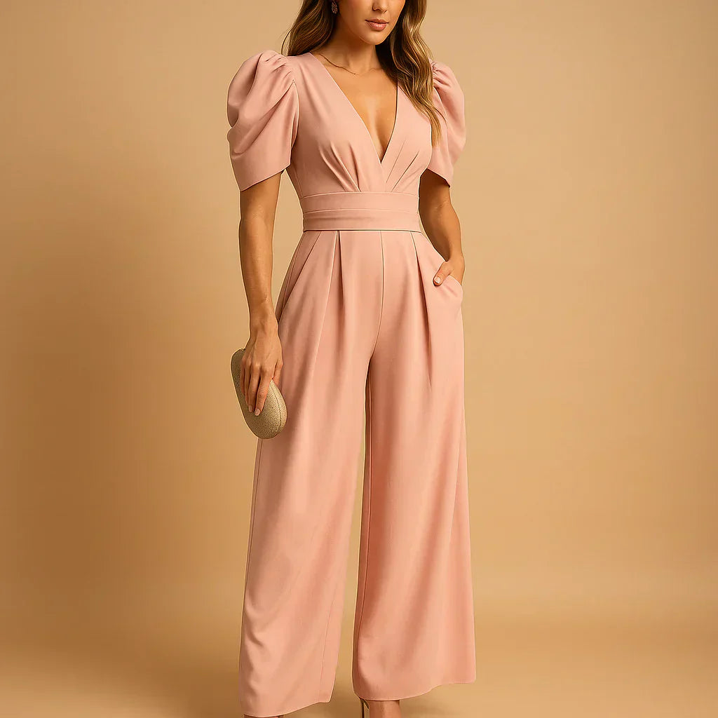 Women’s Elegant Puff Sleeve Wide Leg Jumpsuit Formal Evening Wear Comfortable Fit