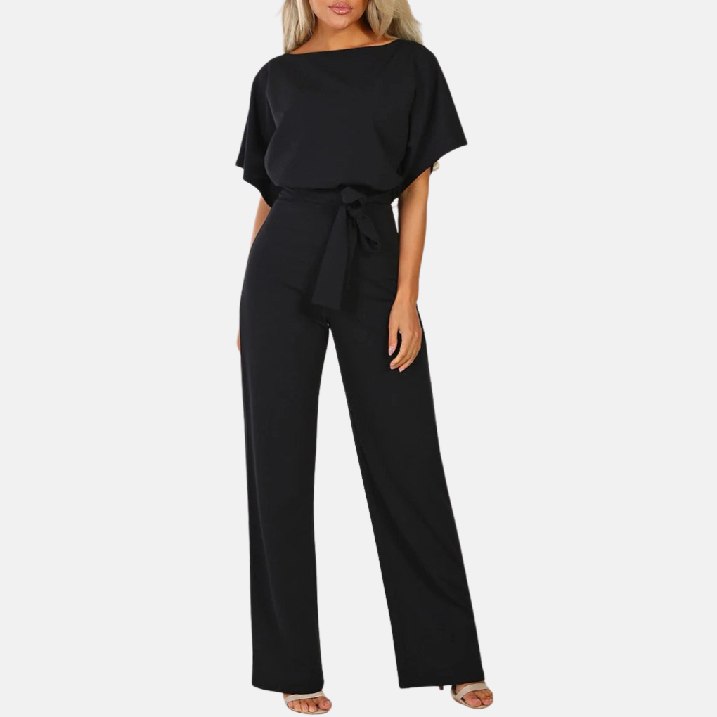 Women's Wide-Leg Jumpsuit High Waist with Sash Belt Breathable Polyester Blend