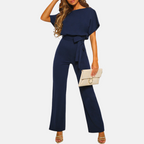 Women's Wide-Leg Jumpsuit High Waist with Sash Belt Breathable Polyester Blend