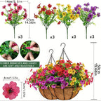 EterniBloom Artificial Hanging Flower Basket with 12 Silk Flowers Weatherproof UV-Resistant Decor