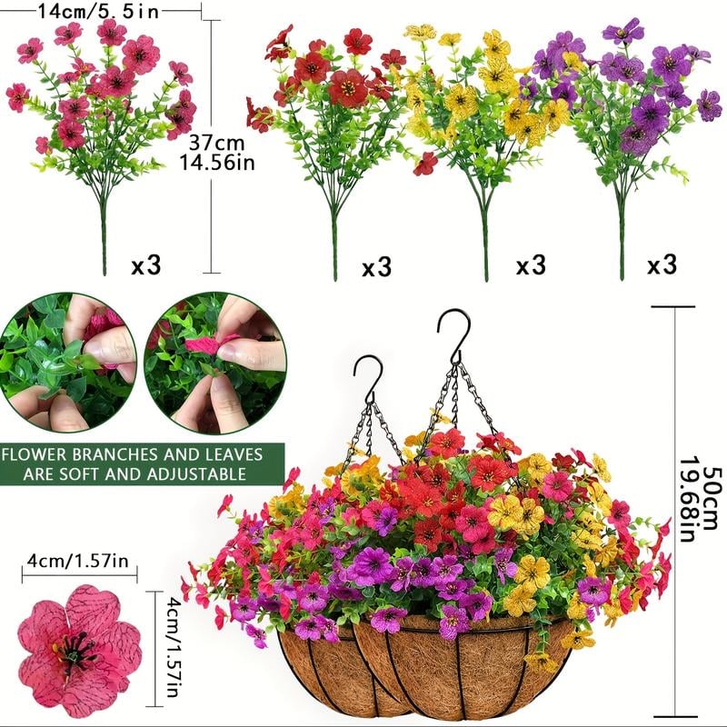 EterniBloom Artificial Hanging Flower Basket with 12 Silk Flowers Weatherproof UV-Resistant Decor