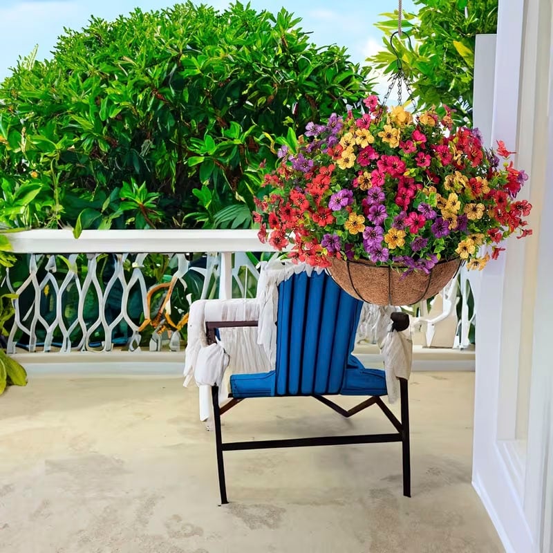 EterniBloom Artificial Hanging Flower Basket with 12 Silk Flowers Weatherproof UV-Resistant Decor