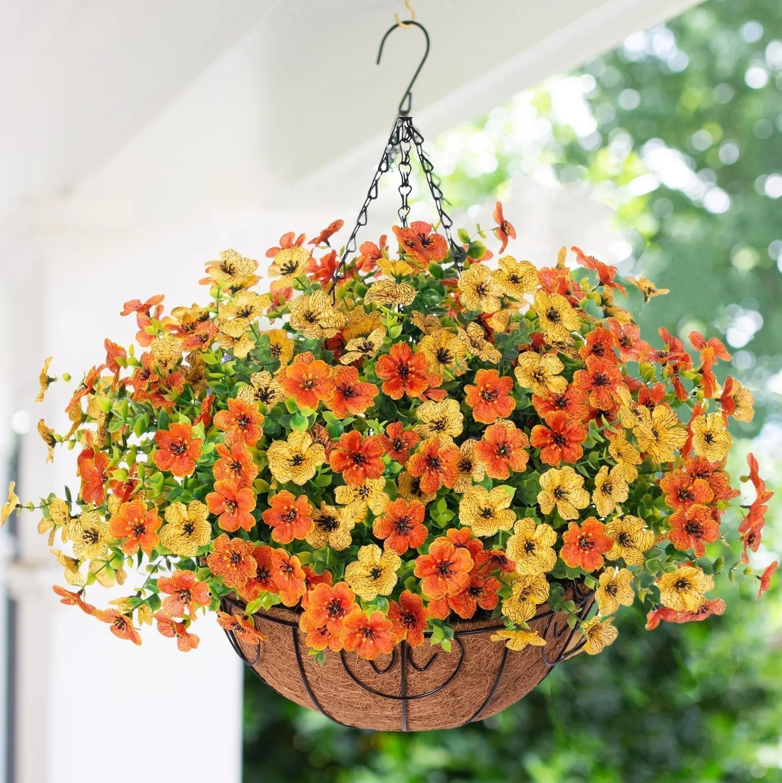 EterniBloom Artificial Hanging Flower Basket with 12 Silk Flowers Weatherproof UV-Resistant Decor