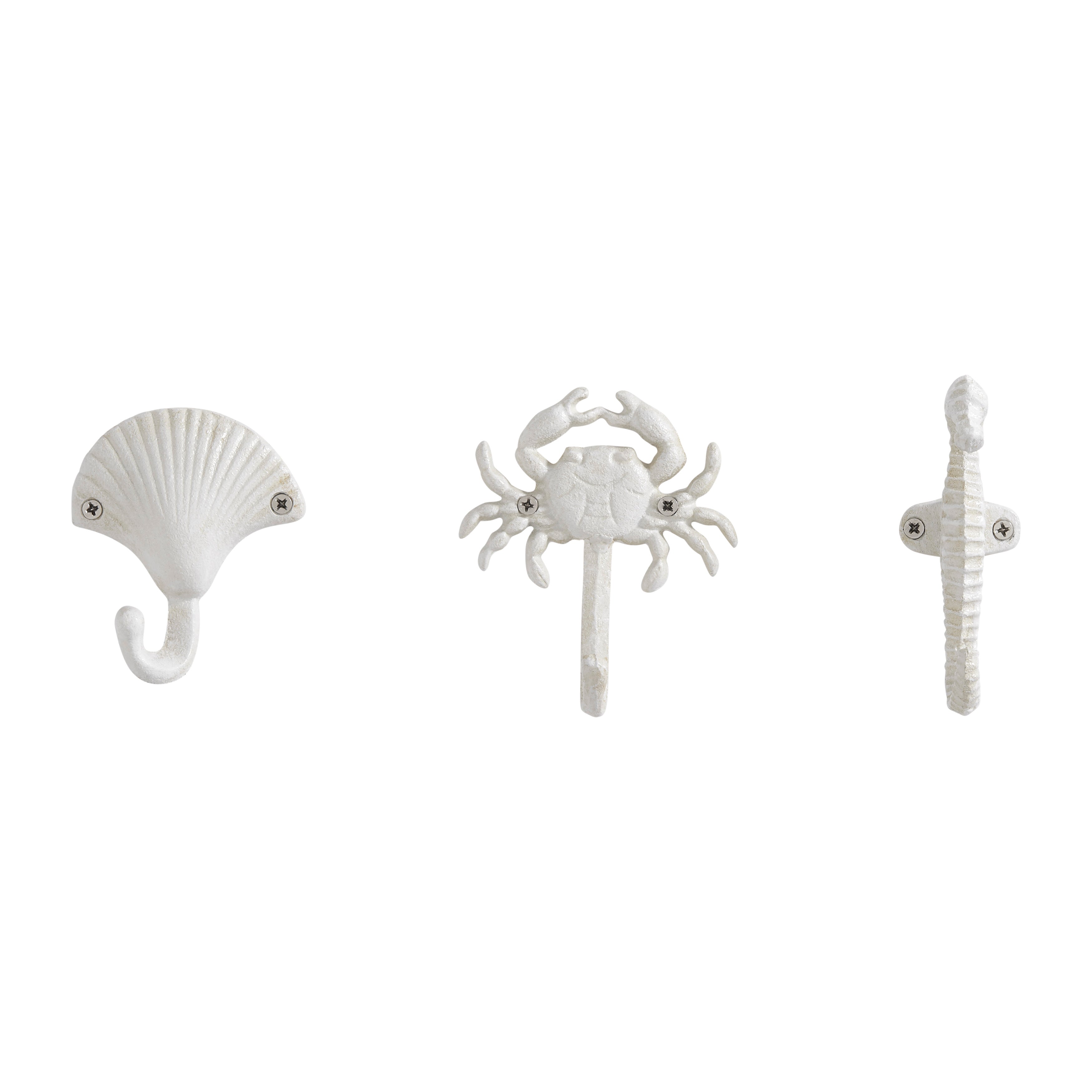 Harrow White Cast Iron Nautical Wall Hook Set of 3 Shell Crab Seahorse Decorative Hooks