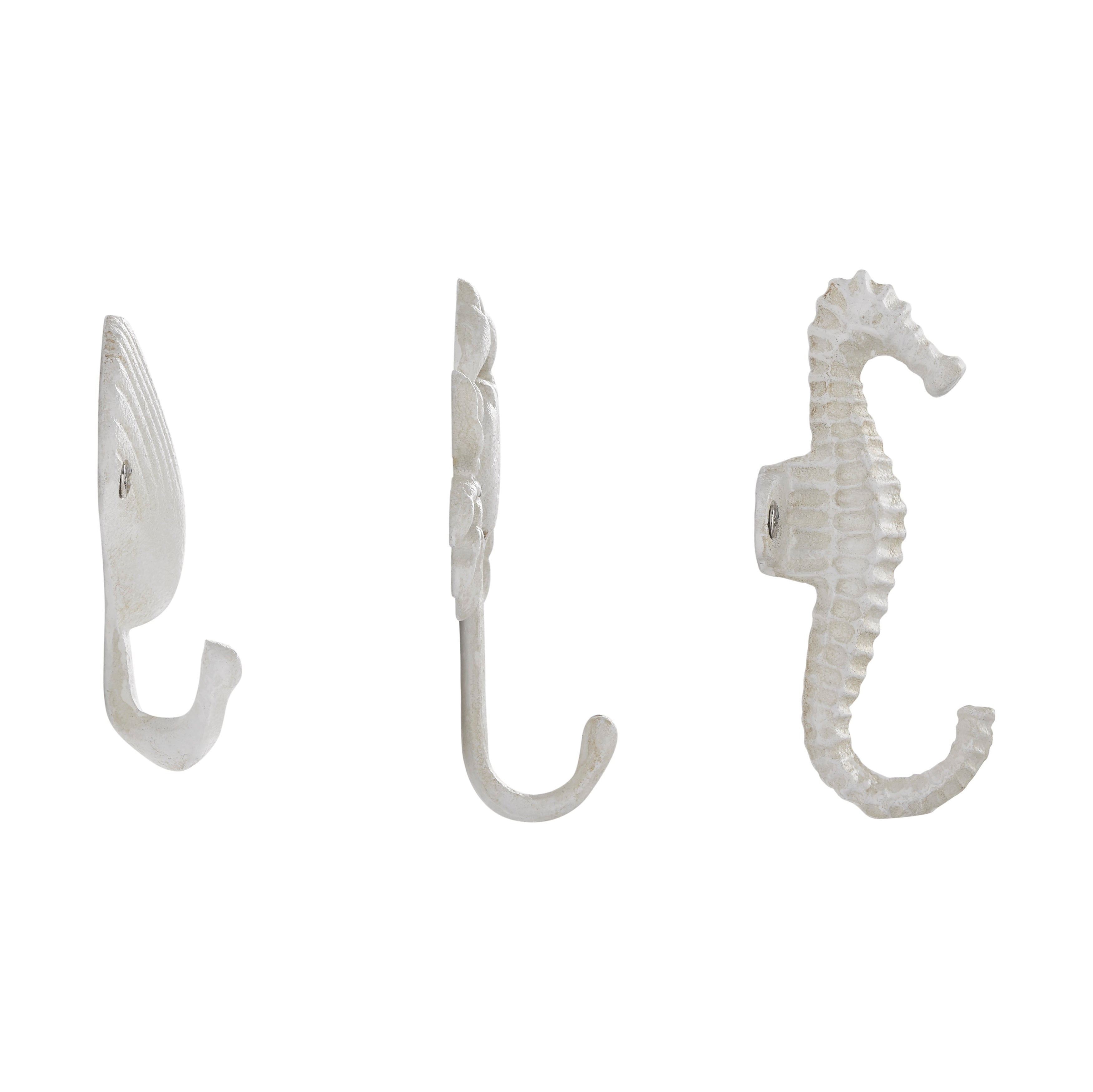 Harrow White Cast Iron Nautical Wall Hook Set of 3 Shell Crab Seahorse Decorative Hooks
