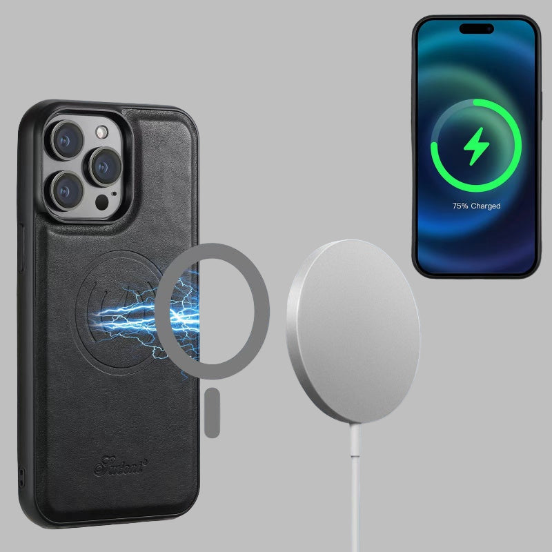 Leather iPhone Case with Card Slot, Stand, and MagSafe Wireless Charging Slim Design