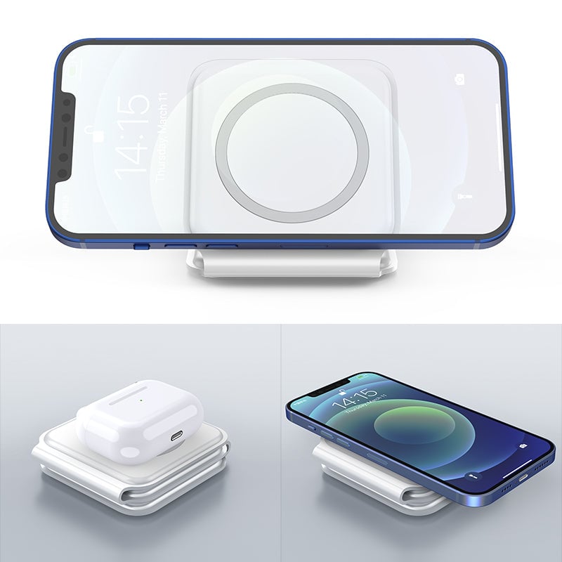 Foldable 3-in-1 Wireless Charger 15W Fast Charging for Phone AirPods Apple Watch Black White