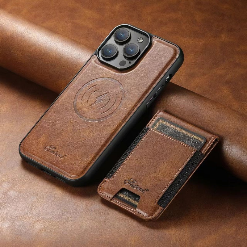 Leather iPhone Case with Card Slot, Stand, and MagSafe Wireless Charging Slim Design