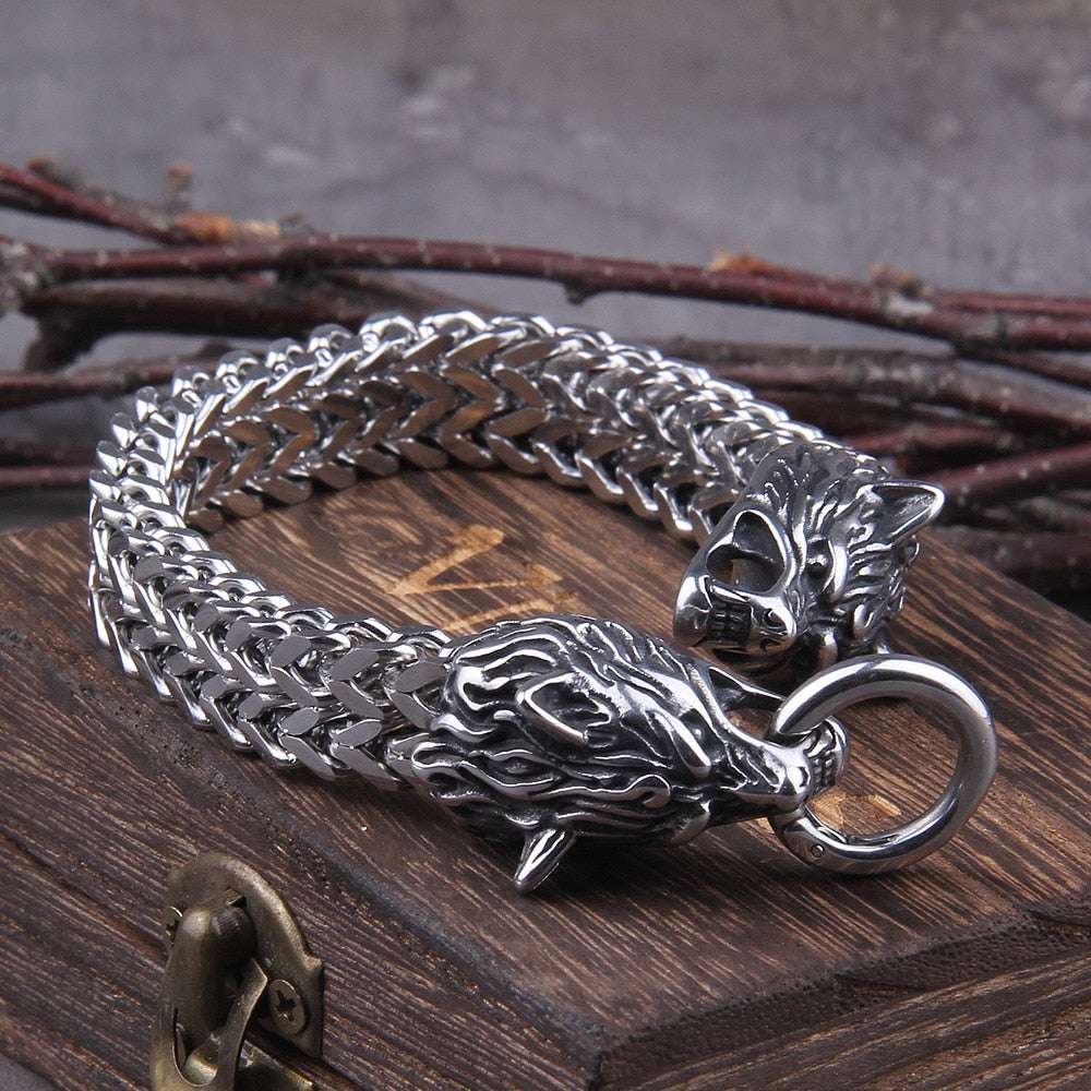 Fenrir Viking Bracelet Stainless Steel Silver Nordic Mythology Adjustable 19-23 cm
