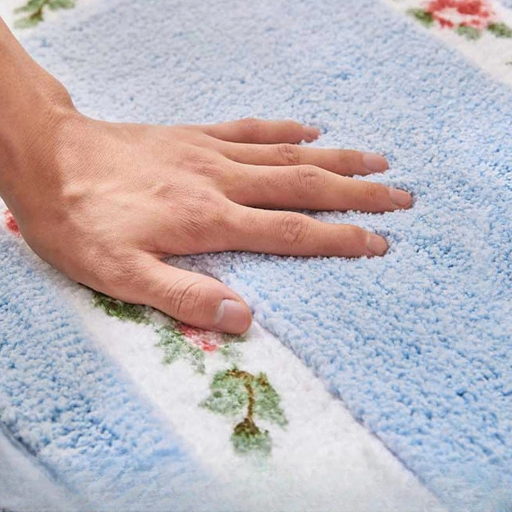 Oval Plush Bath Mat Floral Design Soft Microfiber Non-Slip Absorbent Bathroom Rug