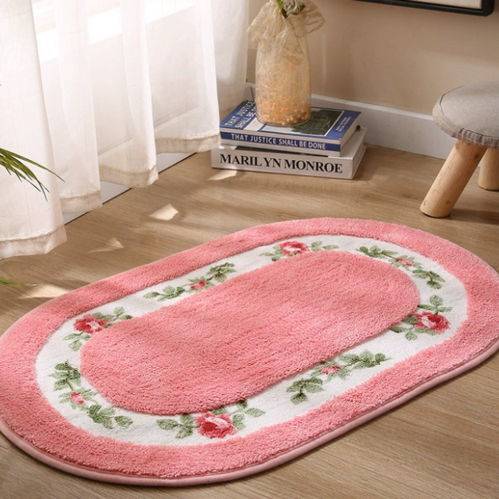 Oval Plush Bath Mat Floral Design Soft Microfiber Non-Slip Absorbent Bathroom Rug