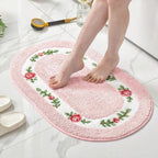 Oval Plush Bath Mat Floral Design Soft Microfiber Non-Slip Absorbent Bathroom Rug