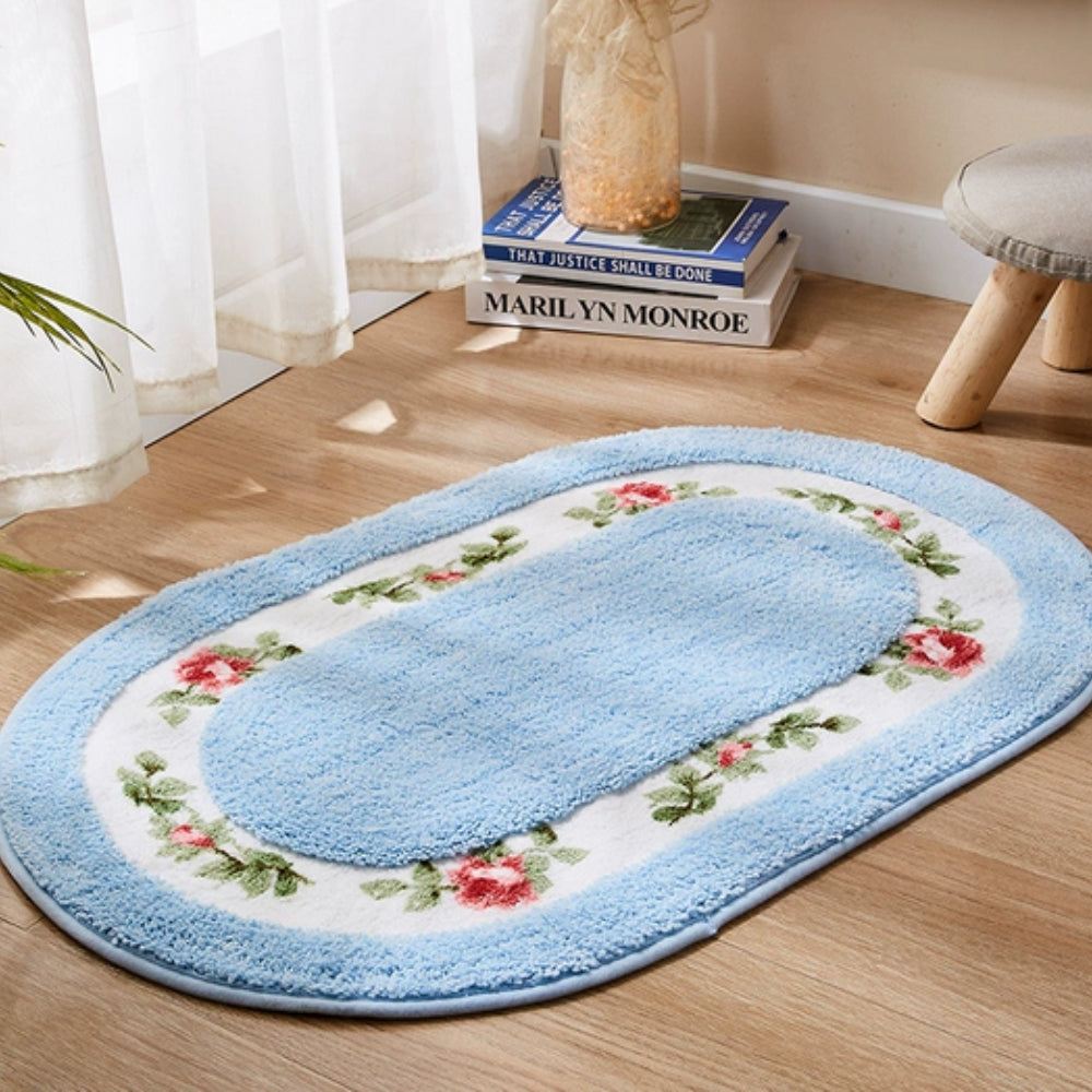 Oval Plush Bath Mat Floral Design Soft Microfiber Non-Slip Absorbent Bathroom Rug