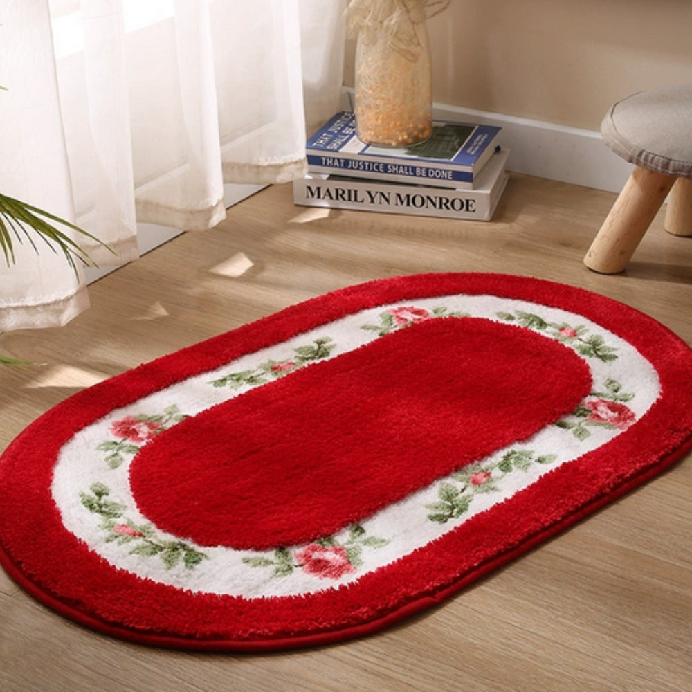 Oval Plush Bath Mat Floral Design Soft Microfiber Non-Slip Absorbent Bathroom Rug