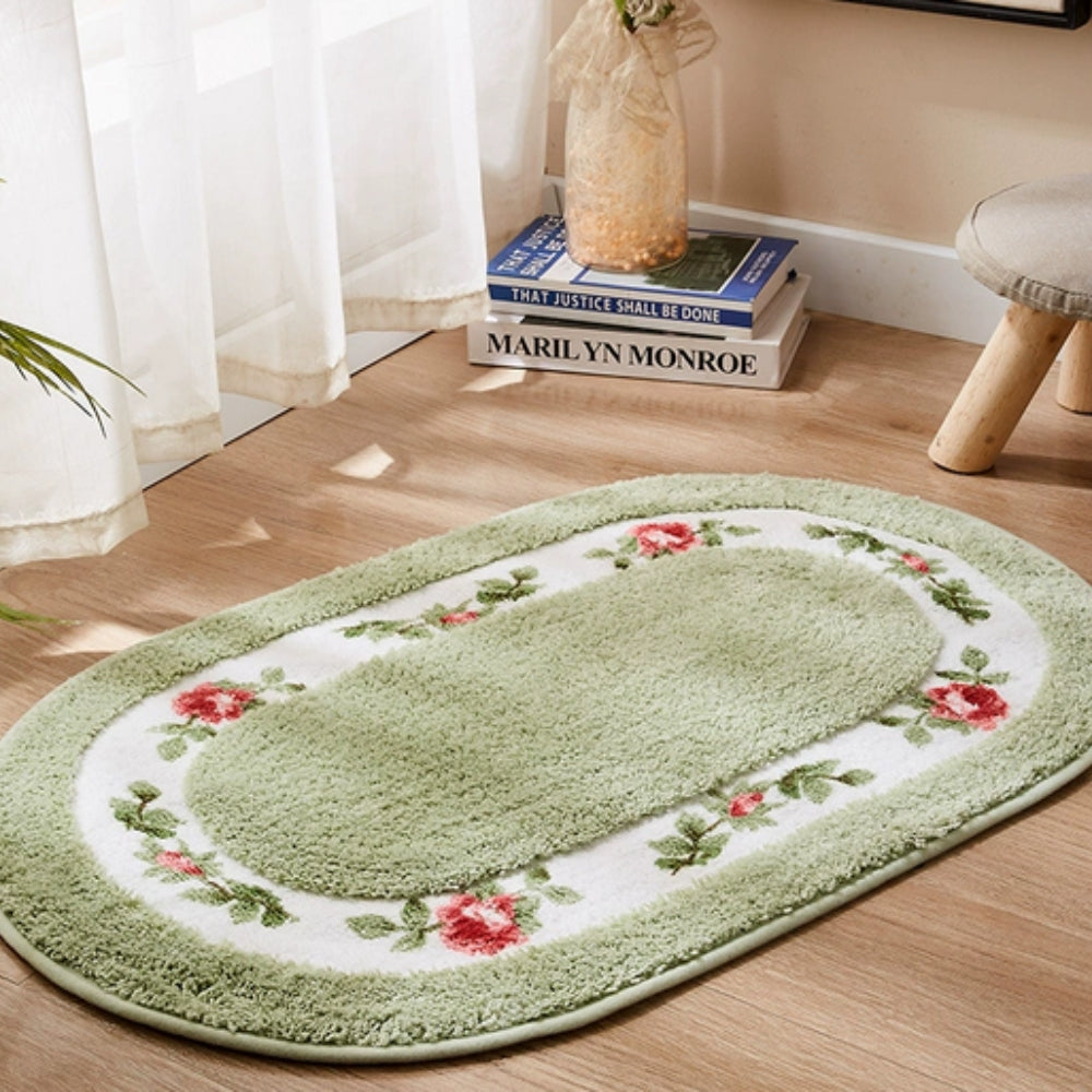 Oval Plush Bath Mat Floral Design Soft Microfiber Non-Slip Absorbent Bathroom Rug
