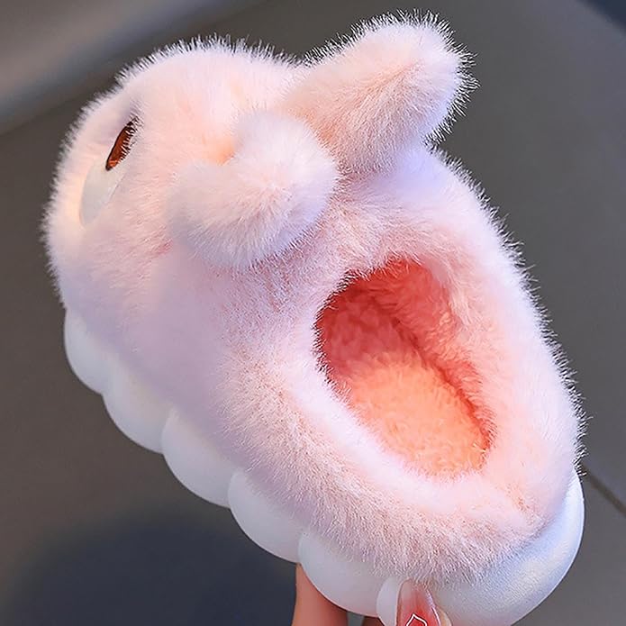 Fluffy Bunny Kids Slippers Soft Plush Non-Slip Indoor Footwear Warm Cozy Shoes