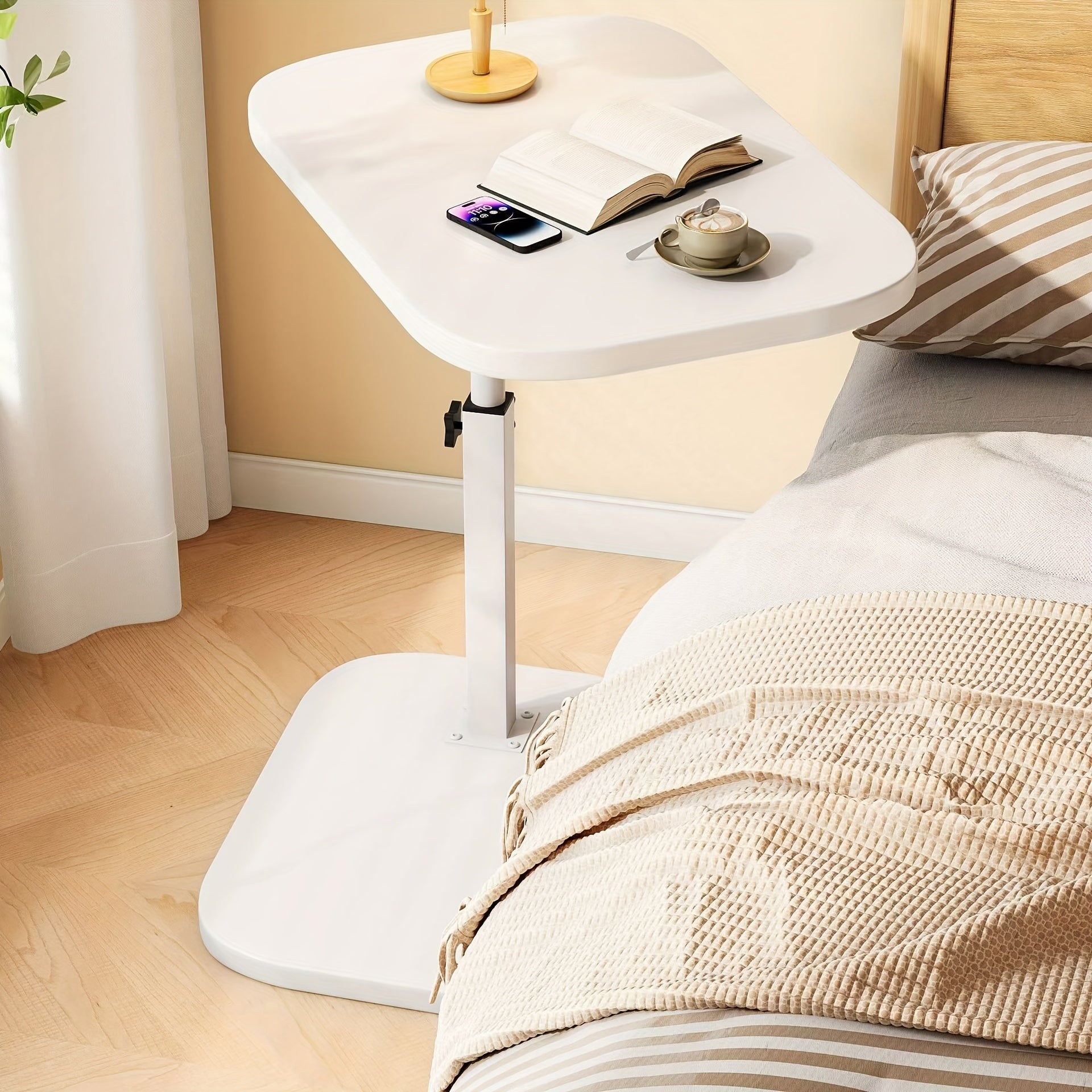 Adjustable Height Side Table with Wood Top and Metal Frame Compact Accent Table