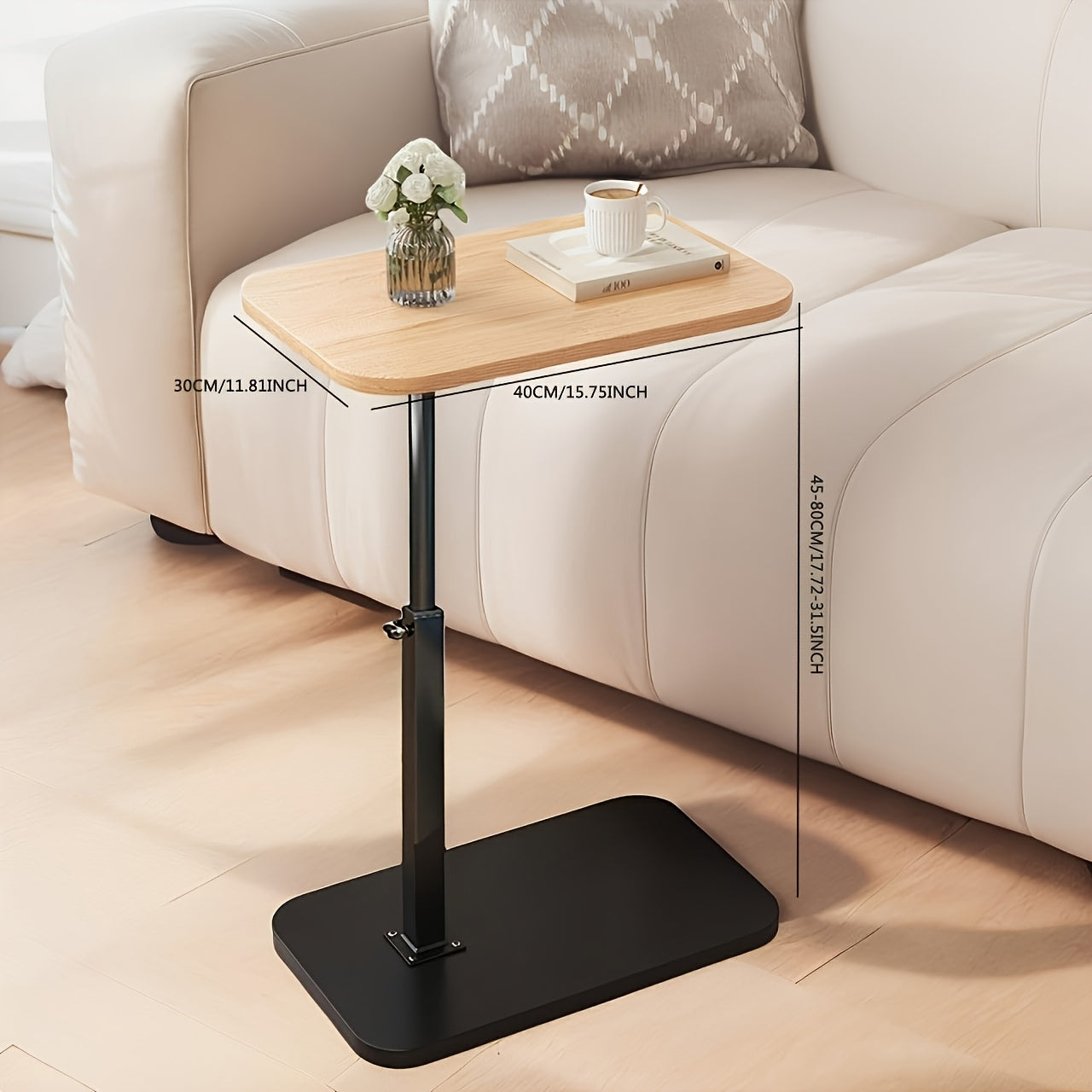 Adjustable Height Side Table with Wood Top and Metal Frame Compact Accent Table