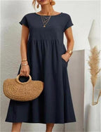 Women's Casual Midi Dress Cotton Blend Pockets Comfortable Everyday Wear