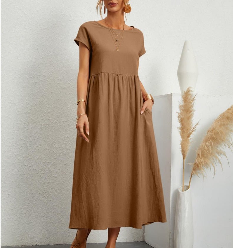 Women's Casual Midi Dress Cotton Blend Pockets Comfortable Everyday Wear