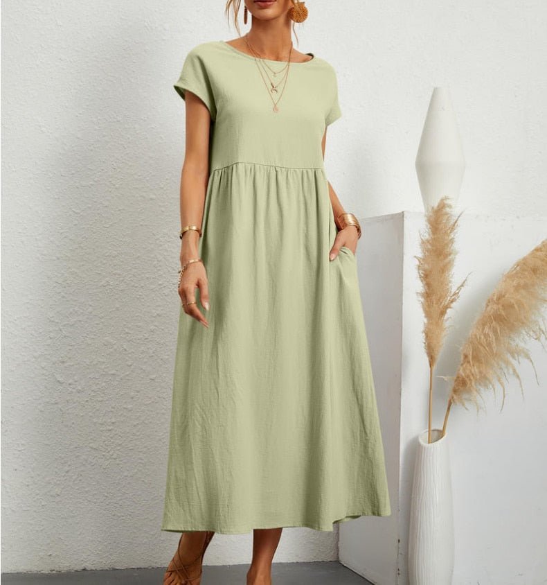 Women's Casual Midi Dress Cotton Blend Pockets Comfortable Everyday Wear