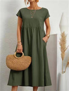 Women's Casual Midi Dress Cotton Blend Pockets Comfortable Everyday Wear